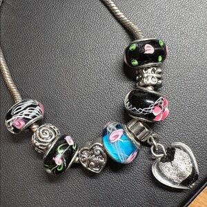 Charmed links flower Silver tone glass beaded charm bracelet Murano heart